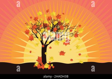 Abstract maple tree with falling autumn leaves over sunset sky background. Stock Vector