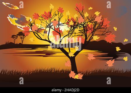 Abstract maple tree with falling autumn leaves over sunset sky background. Stock Vector