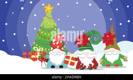 Scandinavian gnome, cartoon fantasy character and Christmas tree, colorful greeting card illustration. Stock Vector