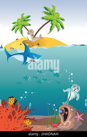 Cartoon palm island and underwater scene with coral reef, small cave and fishes. Stock Vector