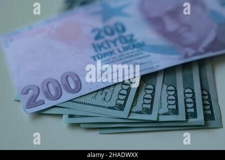 200 Turkish Liras. Turkish Lira on 500 dollars. Devaluation of TL or TRY. Selective focus. Stock Photo