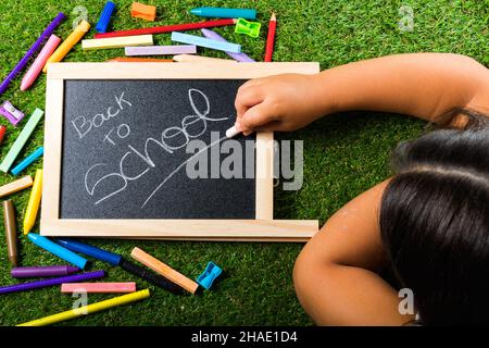 Back to school supplies arrangement vivid colorful on green grass and blackboard hand chalk Stock Photo