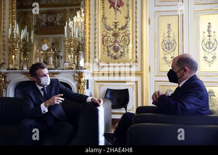 French President Emmanuel Macron attends a meeting with German Chancellor Olaf Scholz at the Elysee Palace in Paris, France, December 10, 2021. Photo by Sarah Meyssonnier/Pool/ABACAPRESS.COM Stock Photo