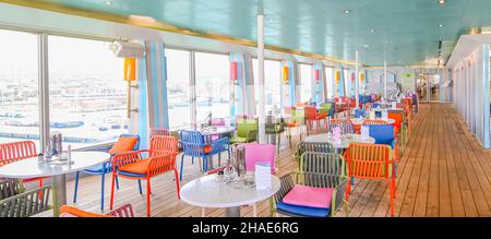 A view of the Cristoforo Colombo buffet restaurant inside the Costa Fortuna cruise ship at the Civitavecchia port terminal, Port of Rome, Italy. Stock Photo