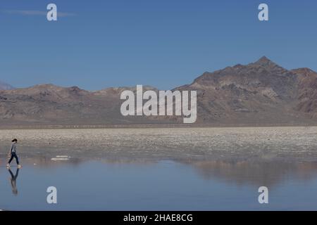 Bonneville Salt Flats are a densely packed salt pan in Tooele County in northwestern Utah. Stock Photo
