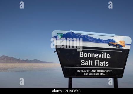 Bonneville Salt Flats are a densely packed salt pan in Tooele County in northwestern Utah. Stock Photo