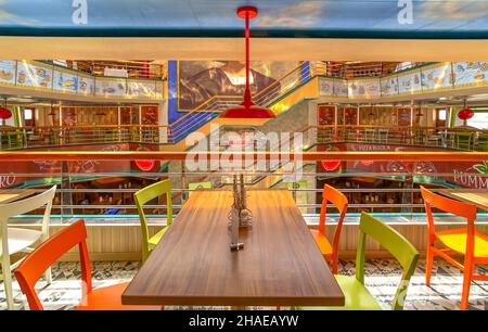 A view of the Cristoforo Colombo buffet restaurant inside the Costa Fortuna cruise ship at the Civitavecchia port terminal, Port of Rome, Italy. Stock Photo
