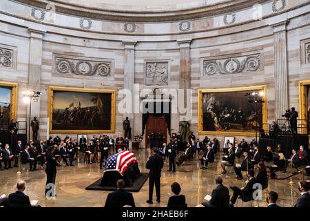 Washington, United States Of America. 09th Dec, 2021. Washington, United States of America. 09 December, 2021. U.S. Senate Majority Leader Chuck Schumer delivers remarks during a memorial service for World War II veteran and former Senator Robert Dole, at the Rotunda of the U.S. Capitol, December 9, 2021 in Washington, DC Senator Dole died at age 98 following a lifetime of service to the nation. Credit: Sgt. Zachery Perkins/U.S. Army/Alamy Live News Stock Photo
