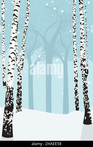 Snowy winter landscape with leafless birch trees illustration. Stock Vector
