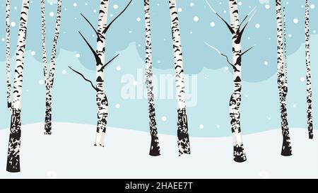Snowy winter landscape with leafless birch trees illustration. Stock Vector