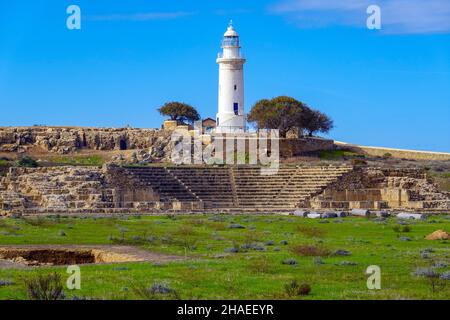 The Odeon Roman amphitheatre and lighthouse, Paphos, Pafos, Cyprus, Mediterranean, holiday destination Stock Photo