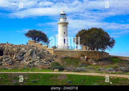 The Odeon Roman amphitheatre and lighthouse, Paphos, Pafos, Cyprus, Mediterranean, holiday destination Stock Photo