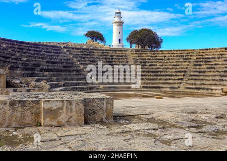 The Odeon Roman amphitheatre and lighthouse, Paphos, Pafos, Cyprus, Mediterranean, holiday destination Stock Photo