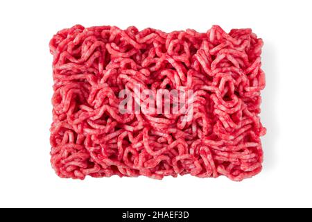 Briquette of fresh minced meat isolated on white. View from above Stock Photo