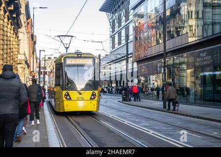 MANCHESTER, ENGLAND- 27 November 2021: Tram on New York Street in Manchester, England Stock Photo