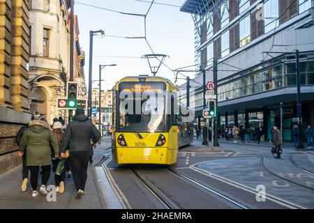 MANCHESTER, ENGLAND- 27 November 2021: Tram on New York Street in Manchester, England Stock Photo