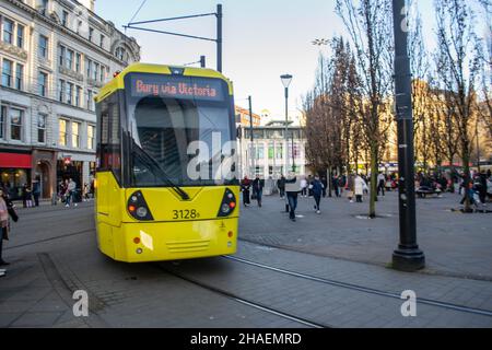 MANCHESTER, ENGLAND- 27 November 2021: Tram on New York Street in Manchester, England Stock Photo