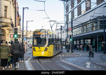 MANCHESTER, ENGLAND- 27 November 2021: Tram on New York Street in Manchester, England Stock Photo