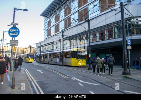 MANCHESTER, ENGLAND- 27 November 2021: Tram on New York Street in Manchester, England Stock Photo