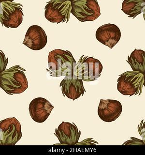 Seamless pattern with hand drawn colored hazelnut, letters Stock Vector