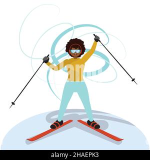 Abstract cartoon woman riding on ski, winter activity illustration. Stock Vector