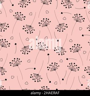 Seamless pattern with contour dandelion flower with hearts Stock Vector