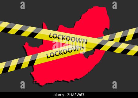 lockdown tape over South Africa silhouette. Coronavirus threat. Concept image. Vector illustration Stock Photo