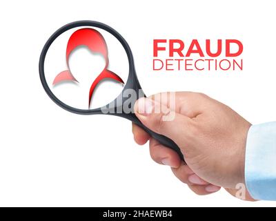 Cyber Fraud Detection concept image. hand Holding Magnifying Glass While detecting hacker or computer cyber virus. Stock Photo