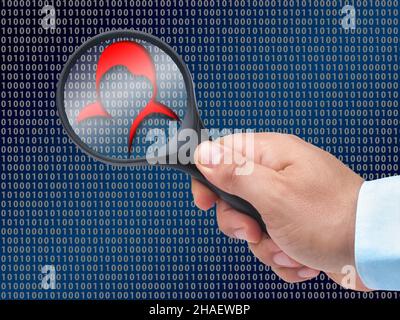 hand Holding Magnifying Glass While Looking for computer Virus hacker Stock Photo