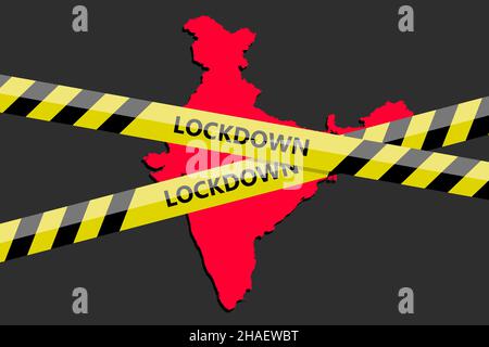 lockdown tape over India indian state silhouette. Coronavirus threat. Concept image. Vector illustration Stock Photo