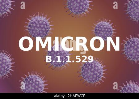 Omicron COVID-19 variant poster, panoramic banner with coronavirus germs. Microscopic view of coronavirus in cell. Concept of science virology Stock Photo