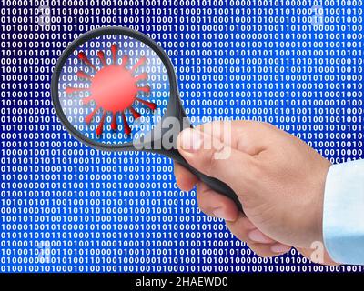 Cyber Fraud Detection concept image. hand Holding Magnifying Glass While detecting hacker or computer cyber virus Stock Photo