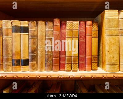 old ancient books on wooden shelf collection Stock Photo