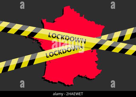 lockdown tape over France French state silhouette. Coronavirus threat. Concept image. Vector illustration Stock Photo