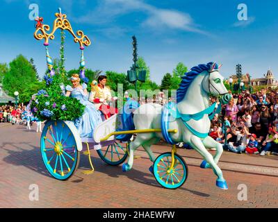 Disneyland Paris, France - April 2019: Enchanted Princess with Price in her chariot during a Disney Parade in Disneyland Stock Photo