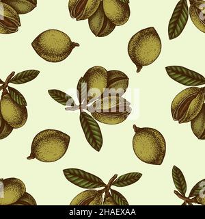 Seamless pattern with hand drawn colored almond, letters Stock Vector