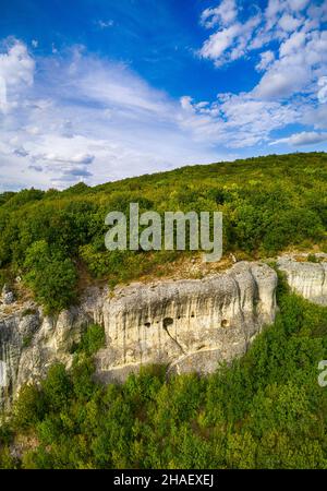Drone top view Hankrumovski Rock-monastery (Shumen plateau, Bulgaria) Stock Photo