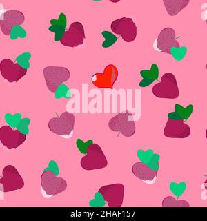 pattern red and pink hearts strawberries Stock Vector
