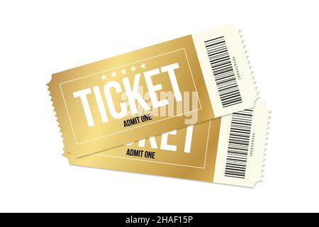 Two cinema golden tickets. Gold movie or theatre coupons. Two realistic vector ticket template Stock Vector