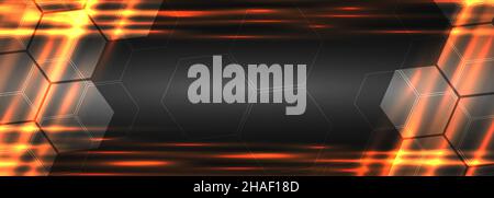 Dark grey futuristic technology hexagonal wide banner. Tech gray hexagon with orange light effect. Stock Vector