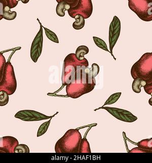 Seamless pattern with hand drawn colored cashew, letters Stock Vector