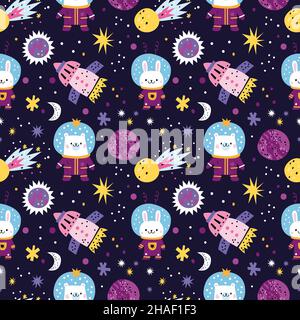 Cute space animals seamless pattern. Spaceship and funny astronauts in outer cosmos. Cartoon characters with planets, comets and stars. Rabbits or Stock Vector
