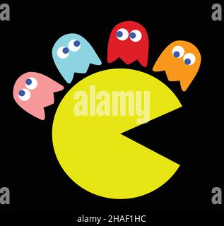 Pac-Man with his enemies sitting on his head. Retro game theme vector illustration. Computer game with characters isolated over black background Stock Vector