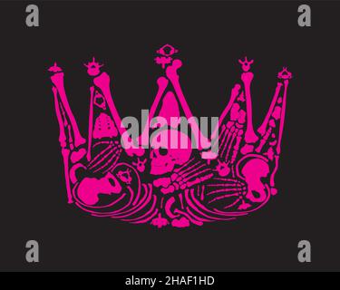 A very cool Royal Crown. Crown of human skulls and bones. Human bones laid out in the shape of a crown. T-shirt print design. Stock Vector