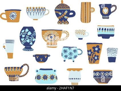 Trendy cups. Decorated tea mugs with rustic ornament, scandinavian flowers patterns crockery, kitchen ceramic drinking tableware, tea and coffee moder Stock Vector