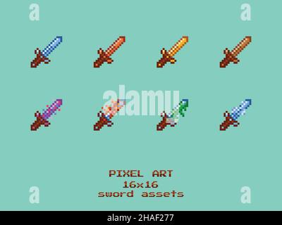 Set of vector pixel art game asset icons. wooden, bronze, gold, diamond, fire, ice, grass magic sword assets. isolated 16x16 game design inventory Stock Vector