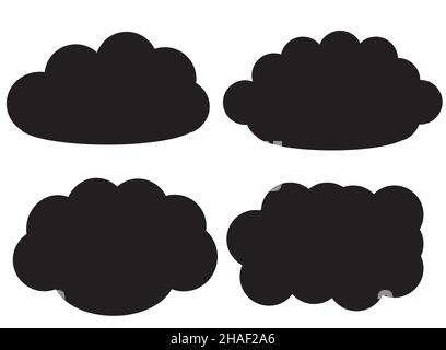 Black cloud vector icons isolated over white background, cloud shapes vector illustration set. Weather forecast, fluffy clouds drawing Stock Vector