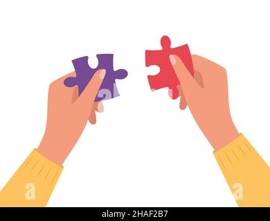 Hands assembling puzzle pieces together. Vector illustration Stock Vector