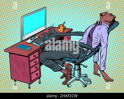 african manager sleeps at the workplace in the office. A robotic work chair works for a person Stock Vector