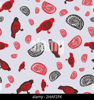 folk stylized birds pattern in gray and red Stock Vector